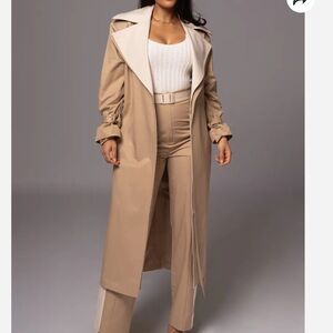 JLUXLABEL Beige Tan Trench Coat with Cream Lapel